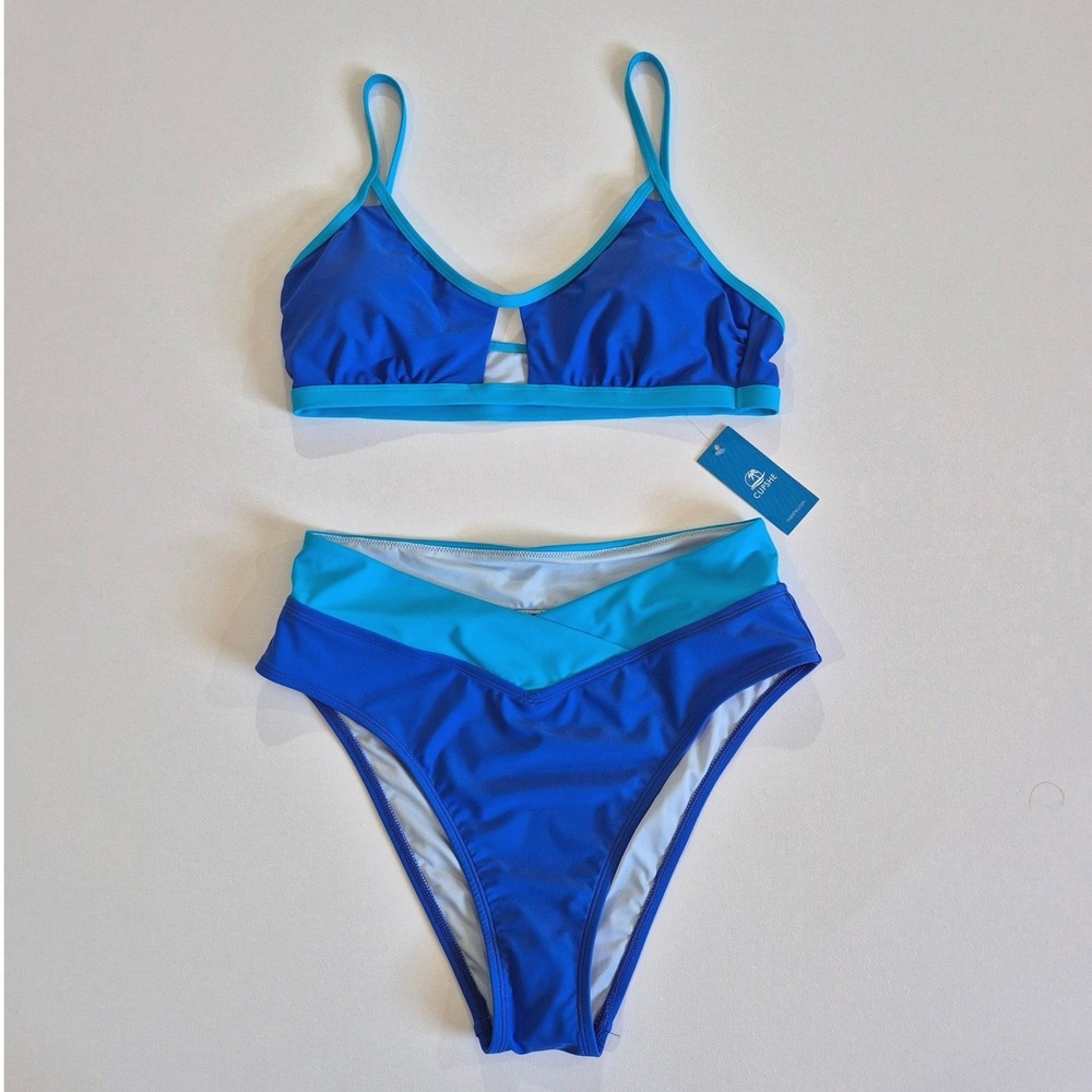 Cupshe Womens Blue Colorblock High Waisted V-Neck Bikini Set New with Tags